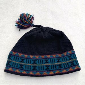 Vintage Merkley Wool Beanie Hat Tassel Black Teal Geometric Made In Canada